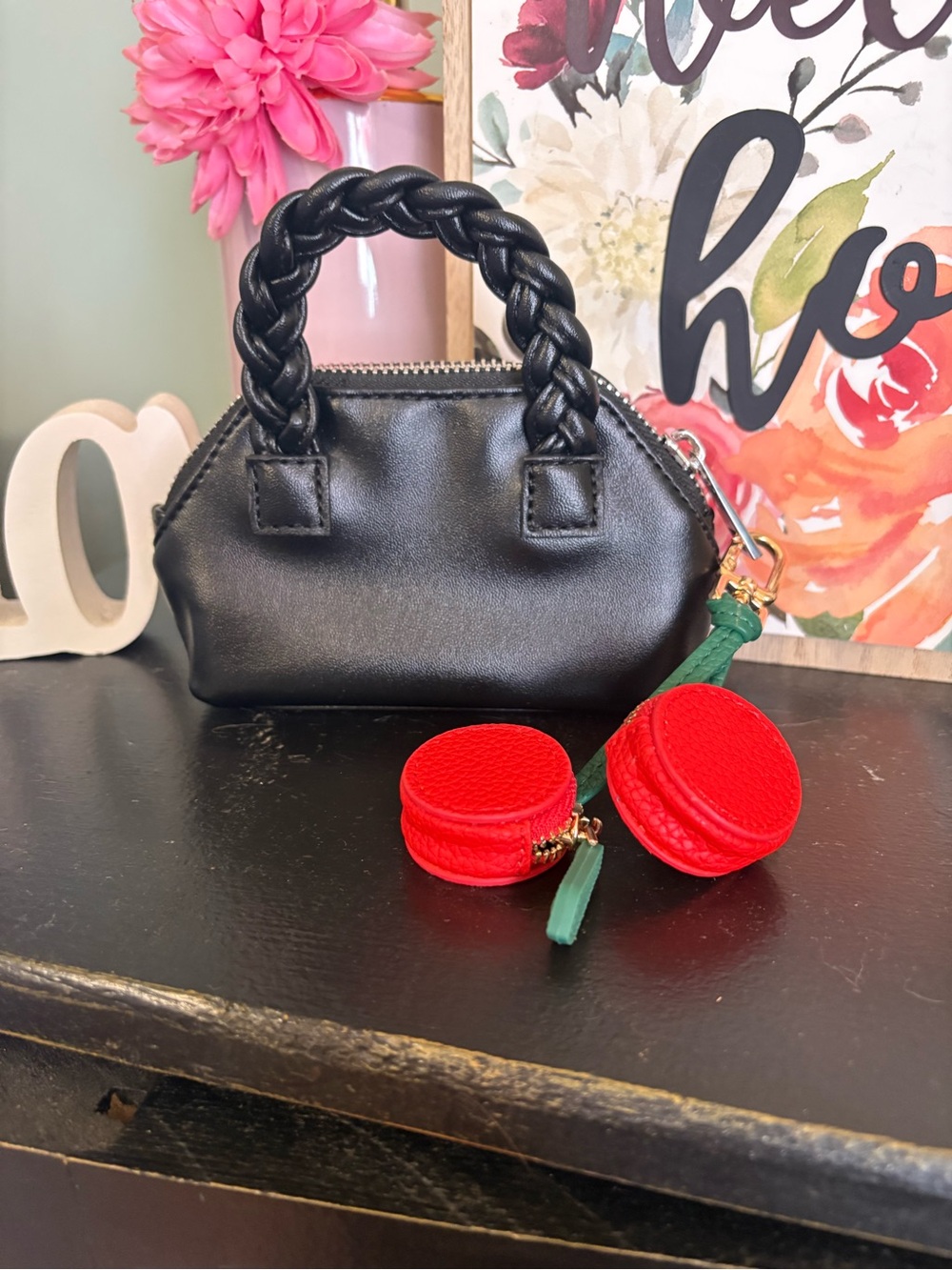 Black Braided Handle Mini Satchel Bag with Red Cherry Charm